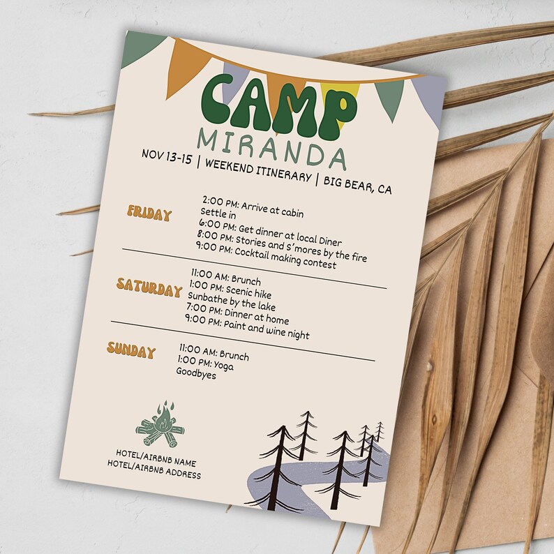 Camp Bachelorette Itinerary Template, Summer Camp Bach Party, Girls Trip, Bachelorette Weekend Invitation, Last Trail Before The Veil image 2