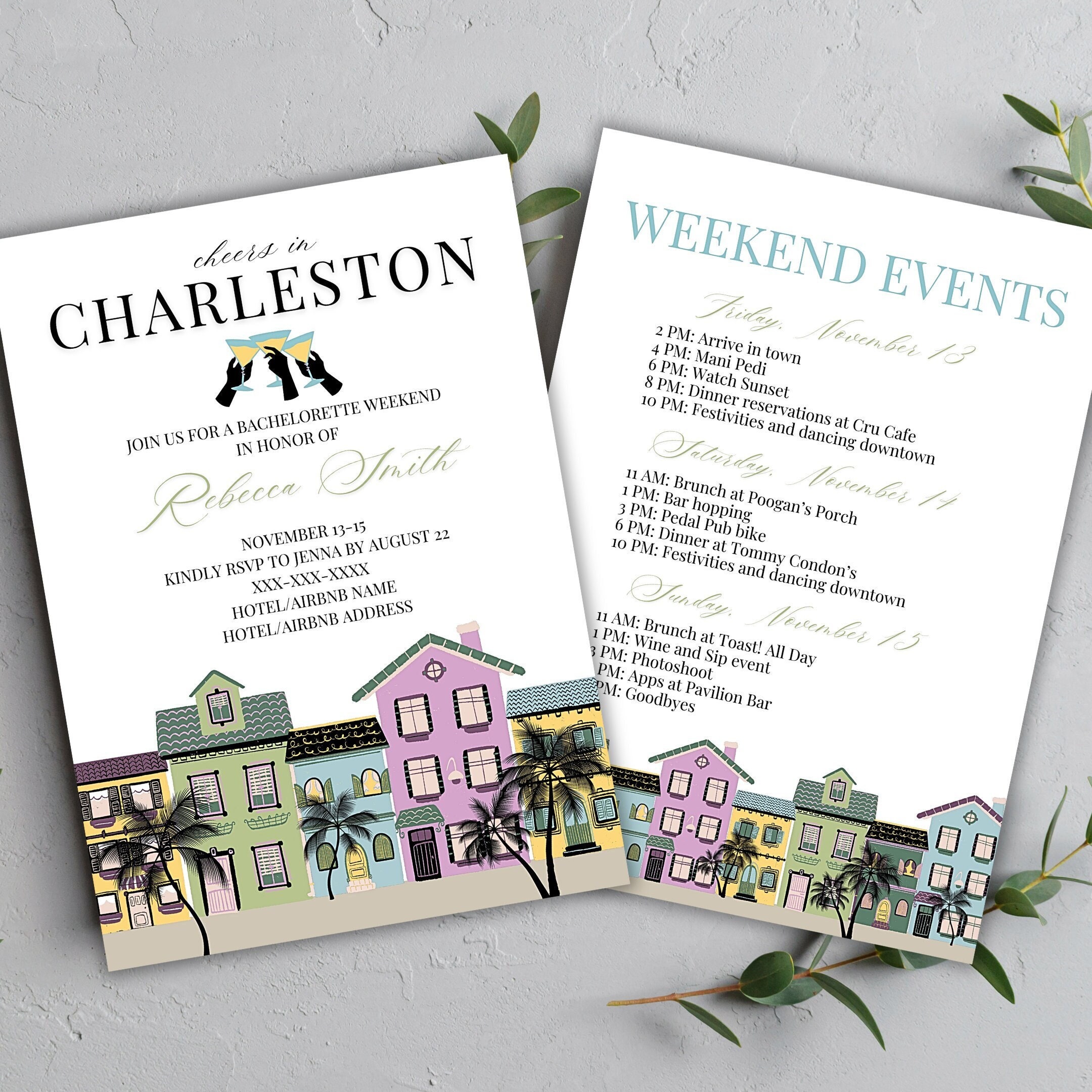 Charleston Bachelorette Invitation &amp; Itinerary Template, Rainbow Row ...