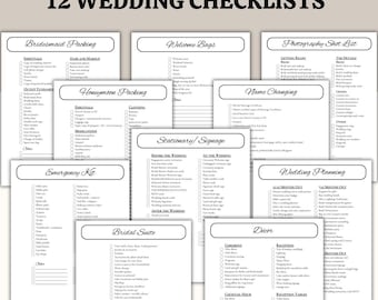 May include: Twelve printable wedding checklists in black and white with a decorative border. The checklists include: bridesmaid packing, welcome bags, photography shot list, honeymoon packing, name changing, stationary/signage, emergency kit, bridal suite, wedding planning, décor, ceremony, cocktail hour, and reception table.