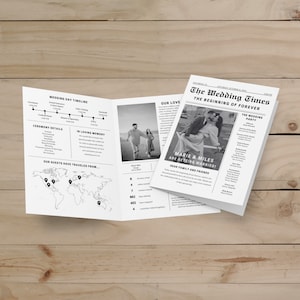 Wedding Newspaper Program Template, Folded Newspaper Wedding Program, Large Wedding Day Timeline, Printable Wedding Infographic, Editable