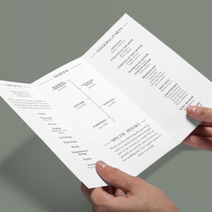Programa de boda tríptico, plantilla infográfica para programa de ceremonia, tarjeta con detalles de boda tríptico editable, cronología del día de la boda con descarga instantánea