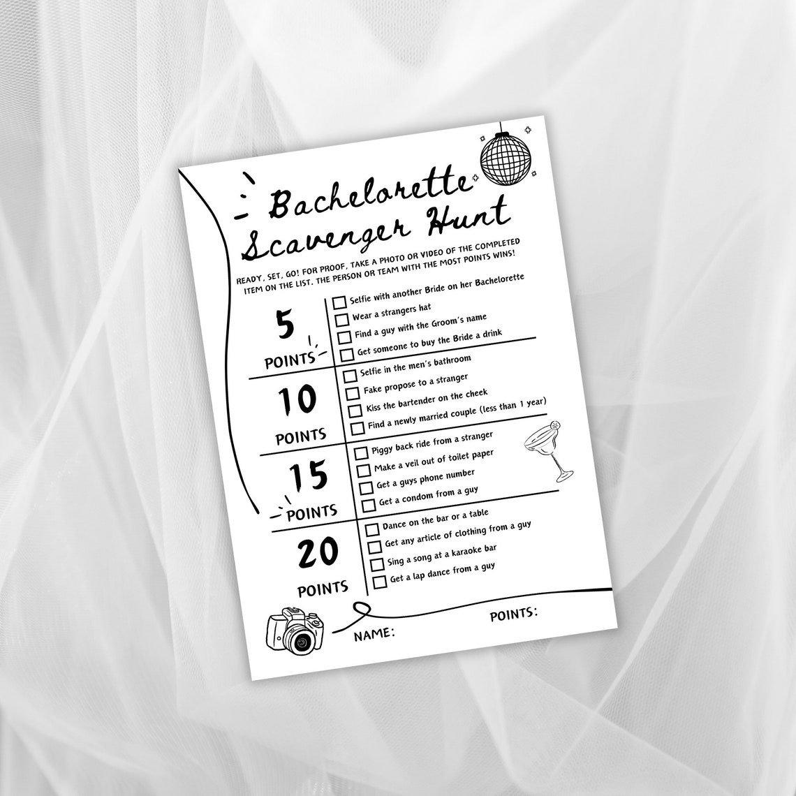 Bachelorette Scavenger Hunt Game, Bachelorette Activity Template, Disco