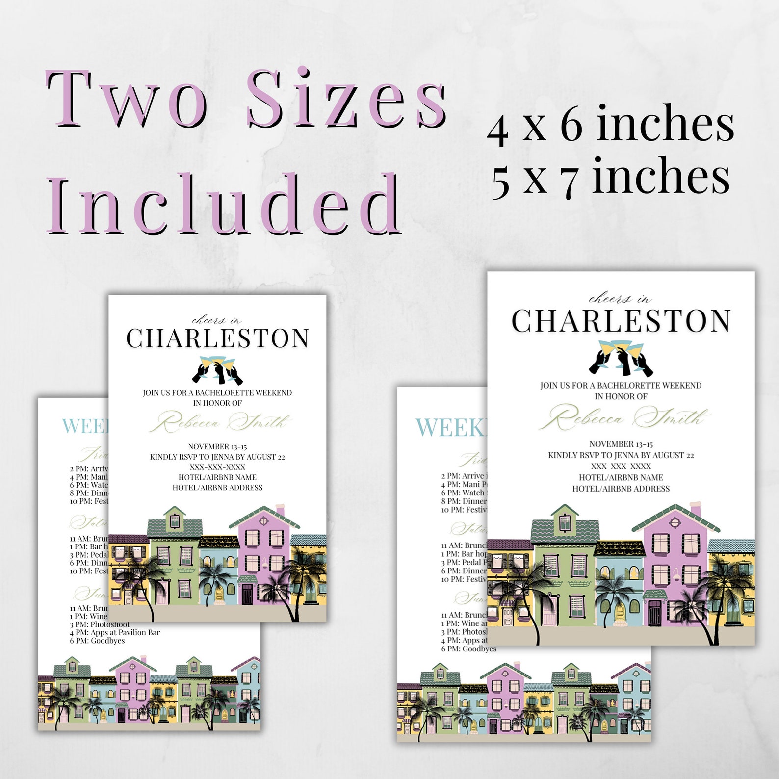 Charleston Bachelorette Invitation &amp; Itinerary Template, Rainbow Row ...