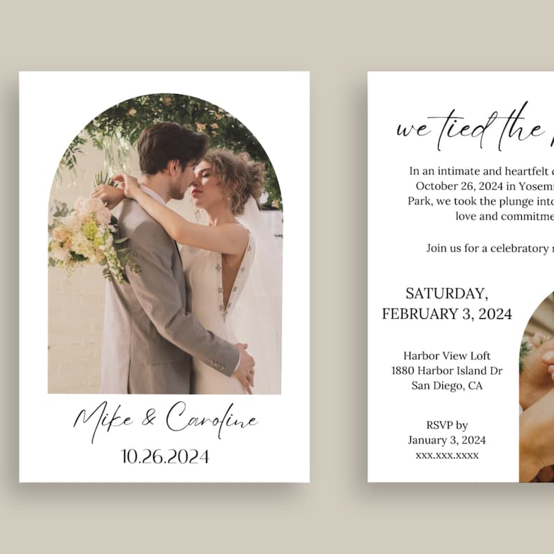 Elopement Reception Invitation, Elopement Announcement Template, Editable Elopement Announcement, Minimalist We Tied the Knot Invite, Canva image 1