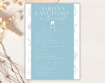 Last Toast on the Coast Bachelorette Itinerary, Coastal Grandma, Bach Itinerary Template, Blue Beach Bachelorette Invite, Weekend Template