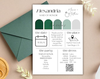 Bridesmaid Info Card, Bridesmaid Proposal Card, Editable Bridal Party Info Card Template, Modern Minimalist, Bridesmaid Wedding Details Card