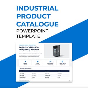 May include: A PowerPoint template for an industrial product catalog. The title is in large blue text. The catalog features a ZetDrive VFD-1400 Frequency Inverter, with technical specifications and icons for power, safety, communication, and operating temperature.