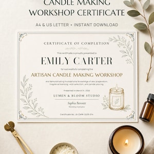 May include: A printable candle making workshop certificate template featuring the text "Certificate of Completion" for Emily Carter, "Artisan Candle Making Workshop," and "Lumen & Bloom Studio." The document includes floral border illustrations.