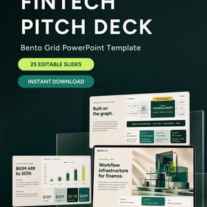 Könnte beinhalten: Eine digitale Präsentationsvorlage mit dem Titel Fintech Pitch Deck Bento Grid PowerPoint Template mit 25 bearbeitbaren Folien. Das Display zeigt Finanzprognosen, Workflow-Infrastruktur und Technologiearchitektur auf einem Laptop-Bildschirm.