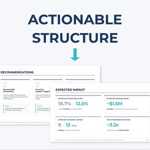 May include: A business presentation with the words "ACTIONABLE STRUCTURE" in large, dark blue text. Below, two white pages display data, including "RECOMMENDATIONS" and "EXPECTED IMPACT" with statistics on revenue and customer retention.