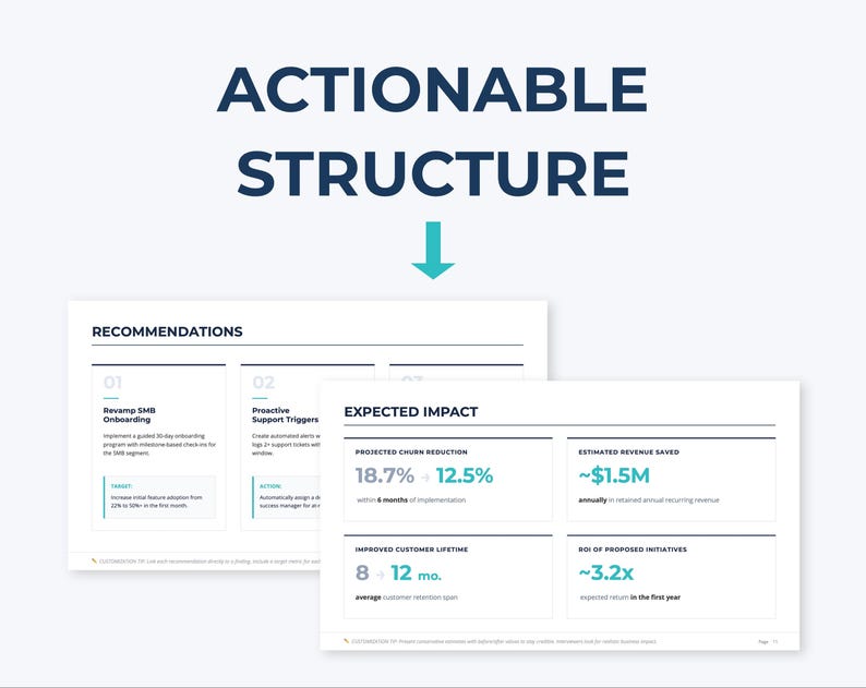 May include: A business presentation with the words "ACTIONABLE STRUCTURE" in large, dark blue text. Below, two white pages display data, including "RECOMMENDATIONS" and "EXPECTED IMPACT" with statistics on revenue and customer retention.