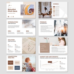 May include: A presentation slide deck with a beige background and brown accents. The title slide features the text "Beautiful Pitch Deck" and a spiral staircase. Other slides include text headings such as "Introduction", "Problem and Opportunity", "Solution", "Target Market and Audience", "Competition Analysis", "Market Size and Growth", and "Agenda".
