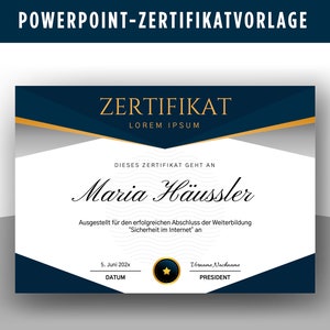 Bearbeitbare Zertifikatvorlage PowerPoint, Leistungszertifikat, Abschluss, Auszeichnung, Schulung.