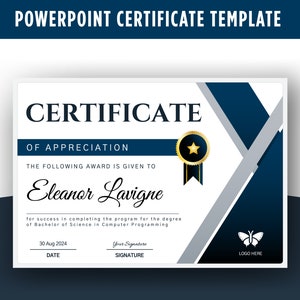 Plantilla de certificado editable PowerPoint, certificado de logros, finalización, premio, formación