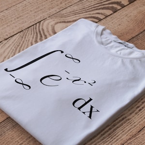 May include: White t-shirt with a black mathematical equation printed on the front. The equation is the integral from -8 to 8 of e to the power of negative x squared, dx.