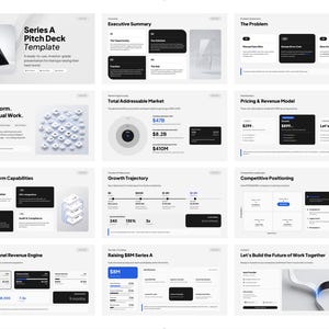 Może przedstawiać: Szablon prezentacji cyfrowej zatytułowany "Series A Pitch Deck Template". Projekt charakteryzuje się nowoczesną, minimalistyczną estetyką z biało-czarną kolorystyką. Slajdy zawierają wykresy, grafiki i pola tekstowe do wizualizacji danych.