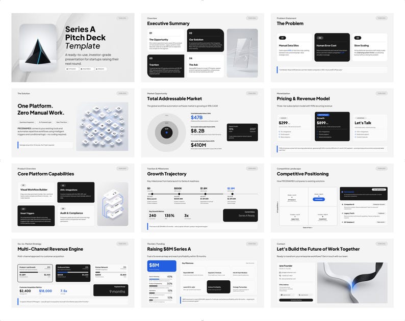 Może przedstawiać: Szablon prezentacji cyfrowej zatytułowany "Series A Pitch Deck Template". Projekt charakteryzuje się nowoczesną, minimalistyczną estetyką z biało-czarną kolorystyką. Slajdy zawierają wykresy, grafiki i pola tekstowe do wizualizacji danych.
