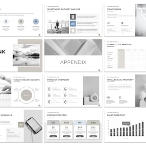 Puede incluir: Una plantilla de presentaci&oacute;n con un esquema de color gris y blanco. Las diapositivas incluyen t&iacute;tulos como "Hitos", "Solicitud de inversi&oacute;n y uso", "Conclusi&oacute;n", "Gracias", "Ap&eacute;ndice", "Segmentos de mercado objetivo", "Descripci&oacute;n general del producto", "Canales de promoci&oacute;n", "Estrategia de precios", "Propiedad intelectual", "Previsi&oacute;n de ventas" y "An&aacute;lisis de la competencia".