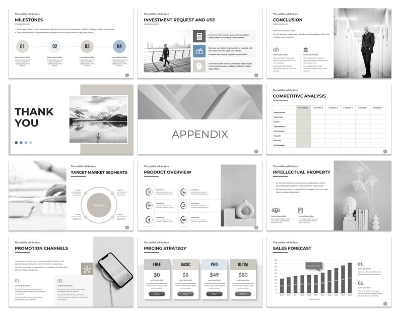 Puede incluir: Una plantilla de presentaci&oacute;n con un esquema de color gris y blanco. Las diapositivas incluyen t&iacute;tulos como "Hitos", "Solicitud de inversi&oacute;n y uso", "Conclusi&oacute;n", "Gracias", "Ap&eacute;ndice", "Segmentos de mercado objetivo", "Descripci&oacute;n general del producto", "Canales de promoci&oacute;n", "Estrategia de precios", "Propiedad intelectual", "Previsi&oacute;n de ventas" y "An&aacute;lisis de la competencia".