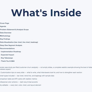 May include: A presentation slide in light blue, titled "What's Inside", lists topics such as cover page, agenda, and key findings. Further details are provided in bullet points below the list.