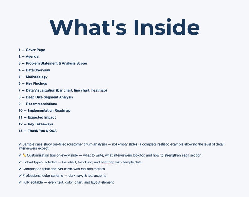 May include: A presentation slide in light blue, titled "What's Inside", lists topics such as cover page, agenda, and key findings. Further details are provided in bullet points below the list.