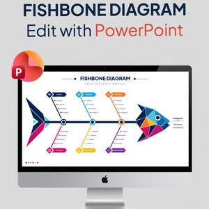 May include: A computer screen displays a fishbone diagram, a cause-and-effect analysis tool. The diagram is colorful, with text that reads "FISHBONE DIAGRAM" and "Edit with PowerPoint." The Apple logo is visible on the computer.