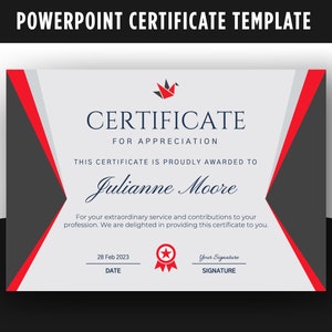 Puede incluir: Un certificado blanco con acentos rojos y grises. El texto "CERTIFICATE FOR APPRECIATION" está en la parte superior. El texto "THIS CERTIFICATE IS PROUDLY AWARDED TO Julianne Moore" está en el medio. El texto "For your extraordinary service and contributions to your profession. We are delighted in providing this certificate to you." está debajo. El texto "28 Feb 2023 DATE" está en la parte inferior izquierda. El texto "Your Signature SIGNATURE" está en la parte inferior derecha.