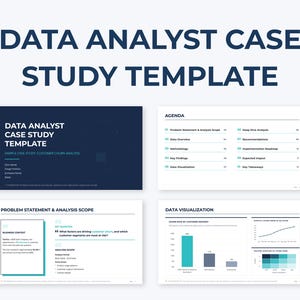 May include: A digital template titled "DATA ANALYST CASE STUDY TEMPLATE" in navy blue and white. The template includes sections for agenda, data overview, key findings, and data visualisation. The image also shows charts and graphs.