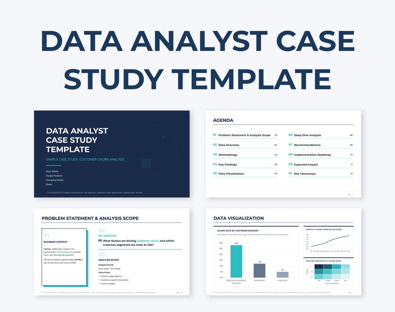 May include: A digital template titled "DATA ANALYST CASE STUDY TEMPLATE" in navy blue and white. The template includes sections for agenda, data overview, key findings, and data visualisation. The image also shows charts and graphs.