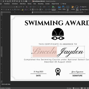 May include: A black and white swimming award certificate with a black silhouette of a swimmer wearing a cap and goggles. The text "SWIMMING AWARD" is at the top of the certificate. The certificate is awarded to Lincoln Jayden. The date is 31 Aug 2023.