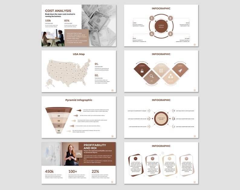 May include: A presentation slide deck with a brown and white color scheme. The slides contain various charts and graphs, including a pyramid infographic, a map of the United States, and a cost analysis chart. The text on the slides includes the words "Cost Analysis", "USA Map", "Pyramid Infographic", "Profitability and ROI", and "Infographic".