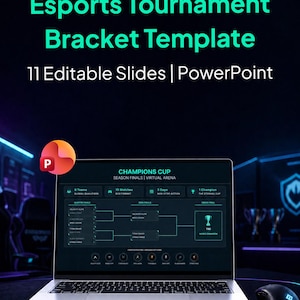 May include: A laptop displays an esports tournament bracket template. The screen shows a bracket with team names and match details. The text "Esports Tournament Bracket Template" is at the top, with "11 Editable Slides | PowerPoint" below. A mouse is next to the laptop.