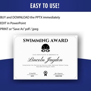 May include: A black and white swimming award certificate with a swimming goggle icon. The certificate is awarded to Lincoln Jayden for completing the Swimming Course under National Select Camp on August 30, 2023.
