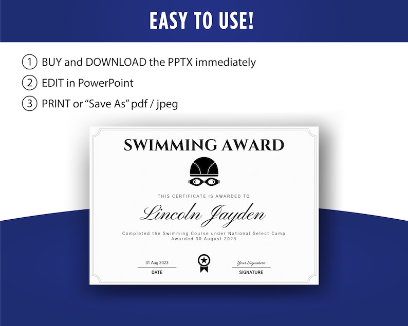 May include: A black and white swimming award certificate with a swimming goggle icon. The certificate is awarded to Lincoln Jayden for completing the Swimming Course under National Select Camp on August 30, 2023.