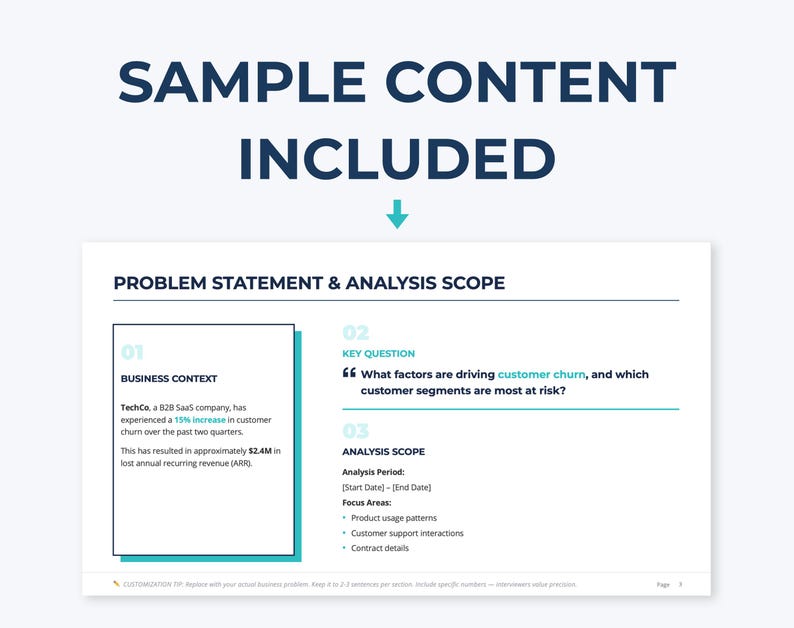 May include: A white document with the title "PROBLEM STATEMENT & ANALYSIS SCOPE" and the text "SAMPLE CONTENT INCLUDED". The document includes sections on business context, key questions, and analysis scope.