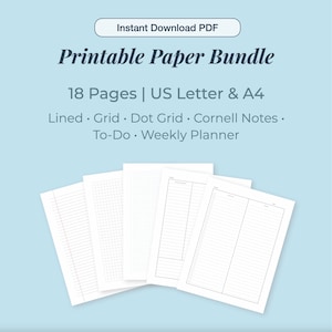 Può includere: Una raccolta di pagine di carta stampabili, inclusi formati a righe, griglia, griglia a punti, note Cornell, attività e pianificatore settimanale. Il pacchetto include 18 pagine nei formati US Letter e A4. Il testo "Printable Paper Bundle" e "Instant Download PDF" sono visualizzati.