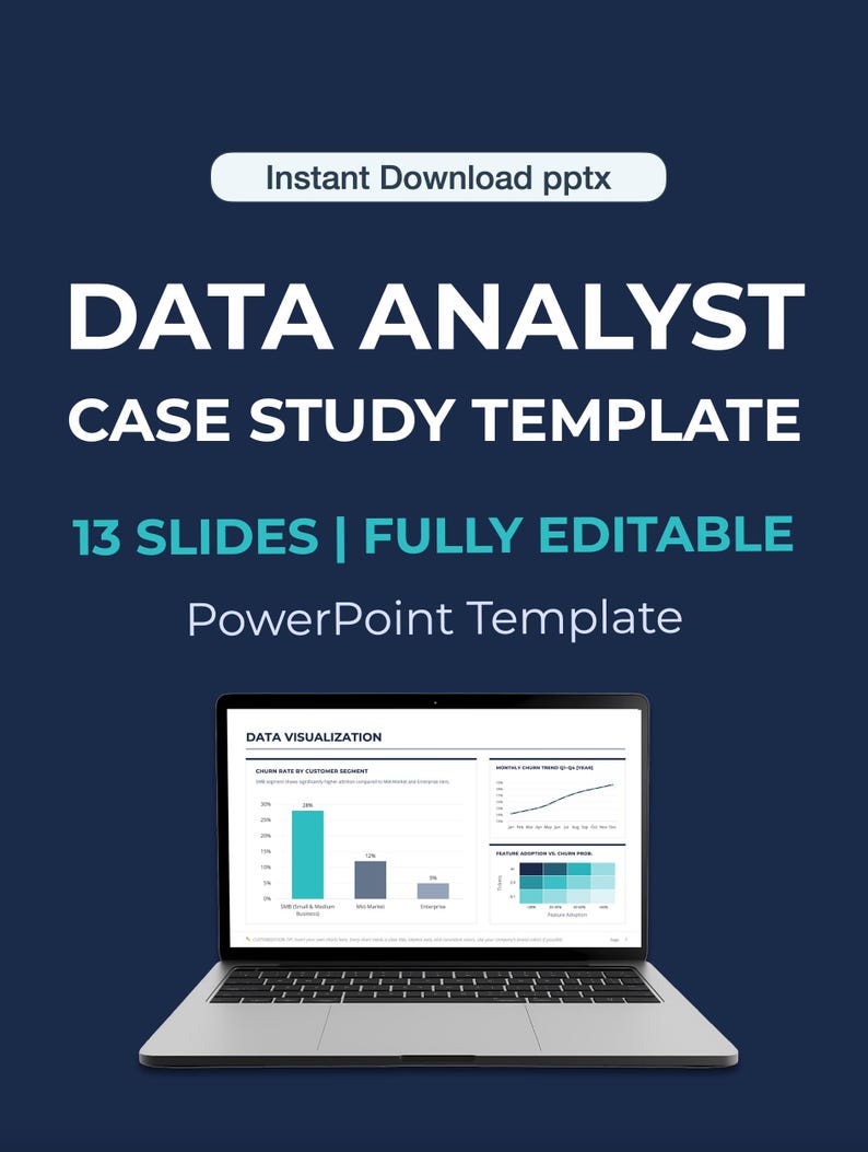 May include: A laptop screen showing a data analysis case study PowerPoint template. The screen displays data visualisation charts. The template has 13 slides and is fully editable. The text on the screen reads "DATA ANALYST CASE STUDY TEMPLATE".