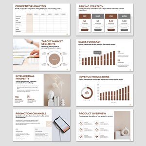 May include: A business presentation template with brown and beige color scheme. The template includes sections for competitive analysis, pricing strategy, target market segments, sales forecast, revenue projections, promotion channels, and product overview. The template includes charts, graphs, and tables to help visualize data.