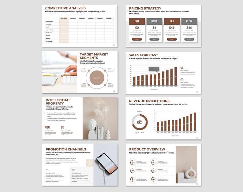 May include: A business presentation template with brown and beige color scheme. The template includes sections for competitive analysis, pricing strategy, target market segments, sales forecast, revenue projections, promotion channels, and product overview. The template includes charts, graphs, and tables to help visualize data.