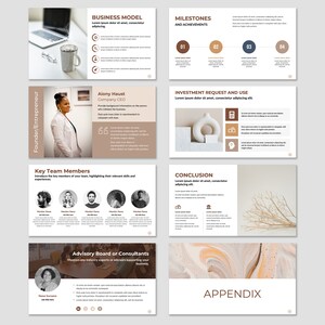 May include: A business plan presentation with a brown and beige color scheme. The presentation includes sections for business model, milestones and achievements, investment request and use, key team members, advisory board or consultants, conclusion, and appendix.