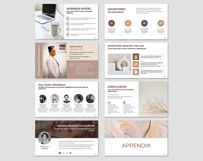 May include: A business plan presentation with a brown and beige color scheme. The presentation includes sections for business model, milestones and achievements, investment request and use, key team members, advisory board or consultants, conclusion, and appendix.
