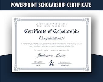 Scholarship Certificate Template-24, PowerPoint, Certificate of Achievement, Completion, Award, Training.