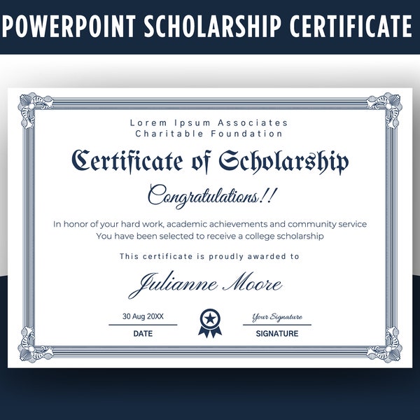 Scholarship Certificate Template-24, PowerPoint, Certificate of Achievement, Completion, Award, Training.