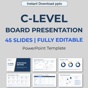 May include: A PowerPoint template for a C-Level Board Presentation. The design includes the text "C-LEVEL BOARD PRESENTATION" and "45 SLIDES | FULLY EDITABLE". The template includes several slides with charts and graphs.