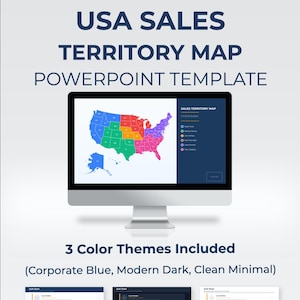 May include: A computer monitor displays a PowerPoint template for a USA sales territory map. The map is divided into color-coded regions. The text reads "USA SALES TERRITORY MAP POWERPOINT TEMPLATE" and "3 Color Themes Included".
