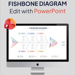Puede incluir: Una pantalla de ordenador muestra un diagrama de espina de pescado, una herramienta de análisis de causa y efecto. Se ve el texto "FISHBONE DIAGRAM" y "Edit with PowerPoint". El diagrama es en colores pastel e incluye etiquetas.