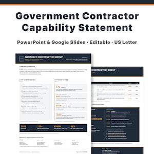 May include: A digital capability statement template for government contractors, formatted for PowerPoint and Google Slides in US Letter size. The document features sections for company overview, core competencies, differentiators, and project scope.