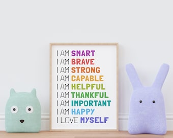 Kid Affirmations, Homeschool Art, Colorful Wall Art, Printable Nursery Decor, Affirmation Wall Art, Playroom Decor, Kids Bedroom, Positive