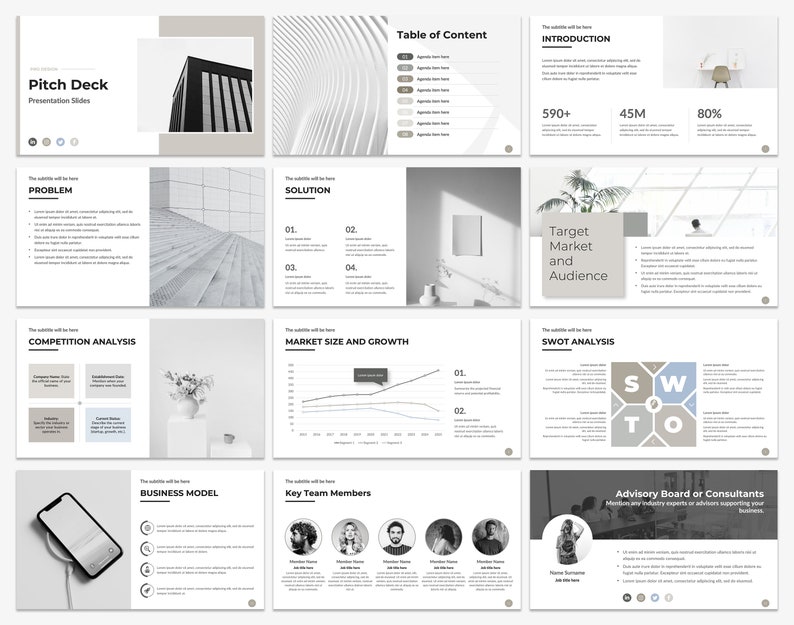 Puede incluir: Una presentaci&oacute;n de pitch deck con un esquema de color blanco y gris. Las diapositivas incluyen una tabla de contenido, problema, soluci&oacute;n, an&aacute;lisis de la competencia, tama&ntilde;o y crecimiento del mercado, modelo de negocio, miembros clave del equipo, an&aacute;lisis FODA y junta asesora o consultores. La presentaci&oacute;n incluye texto, gr&aacute;ficos y diagramas.