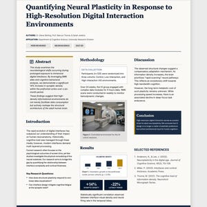 May include: Academic poster presentation titled "Quantifying Neural Plasticity in Response to High-Resolution Digital Interaction Environments." The poster includes an abstract, methodology, results, and references, with charts and an MRI scan image.